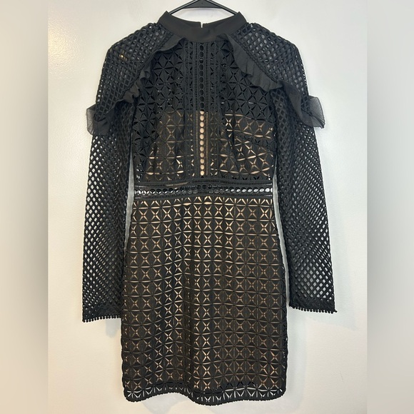 Self-Portrait Black Mesh/Tonal Lace Ruffle Long Sleeve Sheath Mini Dress Size 4 - Picture 3 of 16